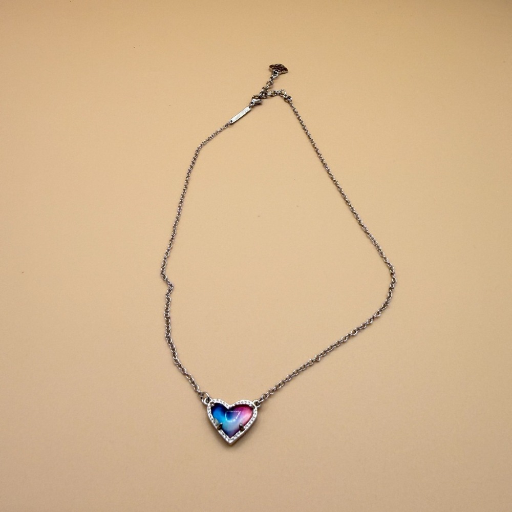 Blue Pink Heart Pendant Necklace Silver Tone Romantic Coquette Y2K Gift for Her